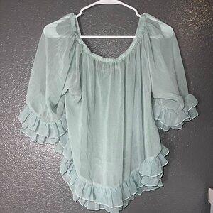 Women’s Sheer Mint Green Ruffle Blouse Size Large – Layered Frill Hem & Puff Sle